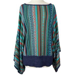 NOVICA Sweater Womens S/M Multi Boho Striped Alpaca Blend‎ Batwing Poncho